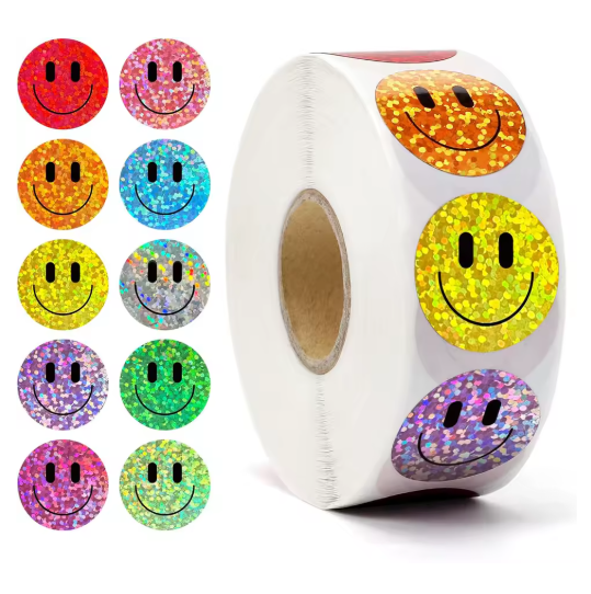 Party Sparkle: 500 Pcs Holographic Colorful Happy Face Stickers for Birthday Favours