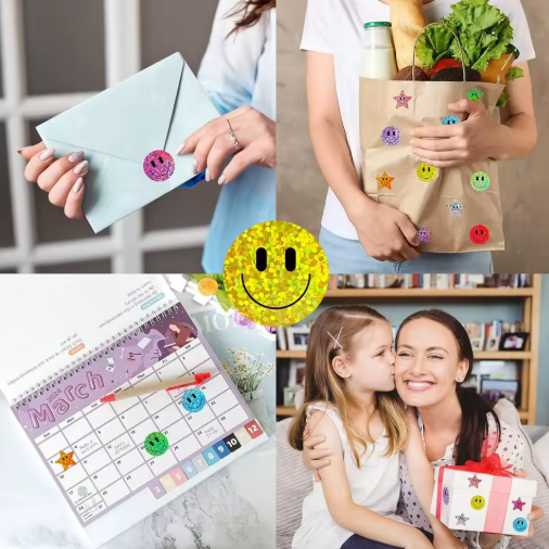 Party Sparkle: 500 Pcs Holographic Colorful Happy Face Stickers for Birthday Favours