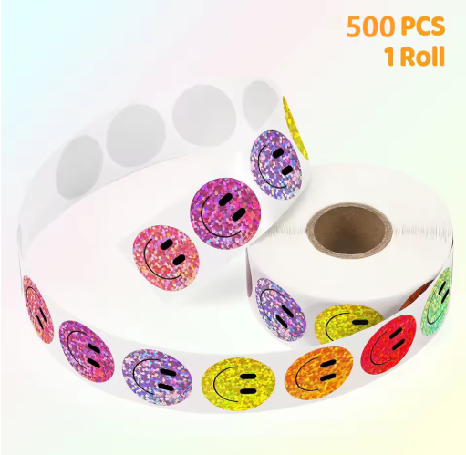 Party Sparkle: 500 Pcs Holographic Colorful Happy Face Stickers for Birthday Favours